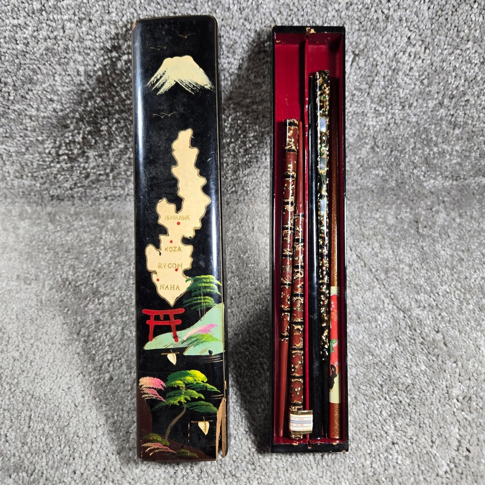Vintage Japanese Lacquer Chopstick Set Okinawa Map Mt Fuji Box Black Red
